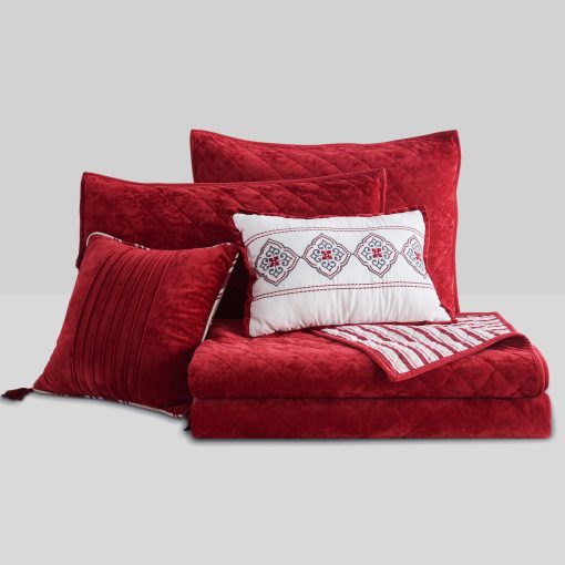 Maravilloso Juego de Edredon Navideño, Set de Edredon de Terciopelo Rojo de Lujo Tamaño Queen, Juego de Edredon de Algodon a Rayas de 5 Piezas Ligero, Cubrecamas Reversible Suave de Estilo Granja con Fundas a Juego para Todas las Estaciones - Imagen 8