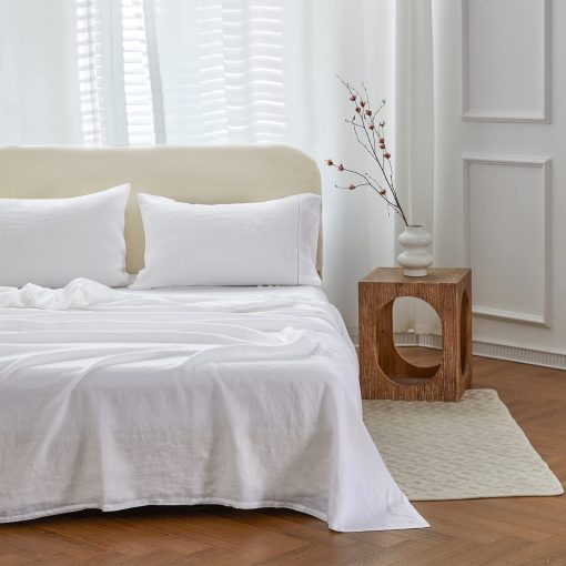 Juego de Sabanas Simple&Opulence 100% Lino con Ribete de Ovillos - 4 Piezas de Sabanas de Cama de Lino Europeo Puro Lavado (1 Sabana Plana, 1 Sabana Ajustable, 2 Fundas de Almohada) - Transpirable y Suave (Blanco Ovillos, King) - Imagen 6