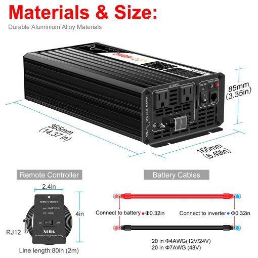 Inversor de Onda Sinusoidal Pura Xijia 2000W 48 Voltios DC a 120 Voltios AC (Potencia Pico 4000W) Convertidor de rv 60HZ con Arranque Suave para Coche y Camping (DC48V (Rango 40V-60V) 2000W) - Imagen 5