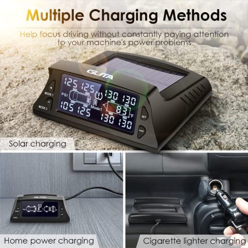Sistema de Monitoreo de Presion de Neumaticos Solar GUTA para RV - Sistema de Monitoreo de Presion de Neumaticos con 6 Sensores Externos (0-188 PSI), TPMS para RV, Pantalla LCD, Modo de Suspension, Monitoreo de Presion en Tiempo Real, Energia Solar - Imagen 2