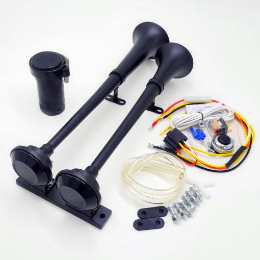 Viping Claxon de Aire Negro 165DB Trompeta de Barco Claxon Electrico 45cm Tono Alto y Bajo Claxon Doble Tubo de Zinc Cromado Compresor Super Fuerte Parlante de Coche Claxon para Barco Coche Yate RV de 12V, etc.