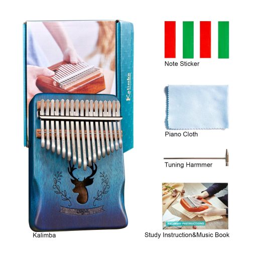Kalimba TienClef 17 Teclas con Notas Grabadas Patron de Ciervo Portatil Instrumento Musical de Madera Maciza de Caoba con Libro de Musica para Ninos Adultos Principiantes (Azul Degradado) - Imagen 7