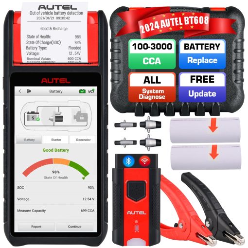 Autel MaxiBAS BT608 con Impresora, Probador de Carga de Bateria 100-3000 CCA, Probador de Sistema de Arranque y Carga, 2024 Actualizado de BT508 BT506, Diagnostico Completo como MX900 MK808BT PRO MK808S, Conductancia Adaptativa