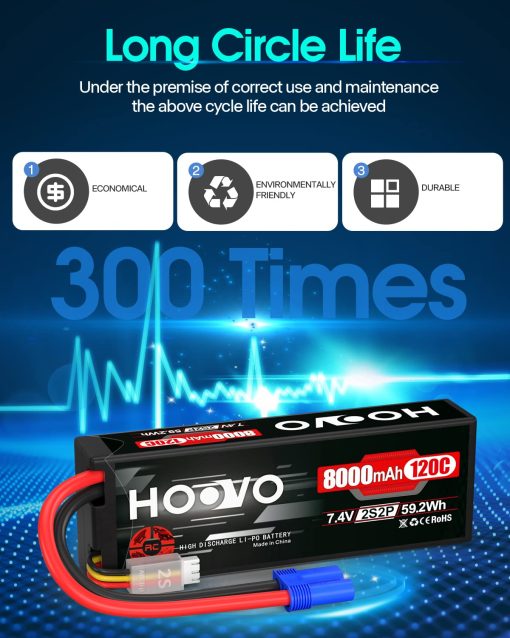 Bateria de Lipo 2S HOOVO 7.4V 8000mAh 120C Bateria de Coche RC Estuche Duro Conector EC5 Compatible para Vehiculos RC a Escala 1/8 1/10, Coches, Camiones, Buggies, Drones, Barcos, Modelos RC 2 Pack - Imagen 5