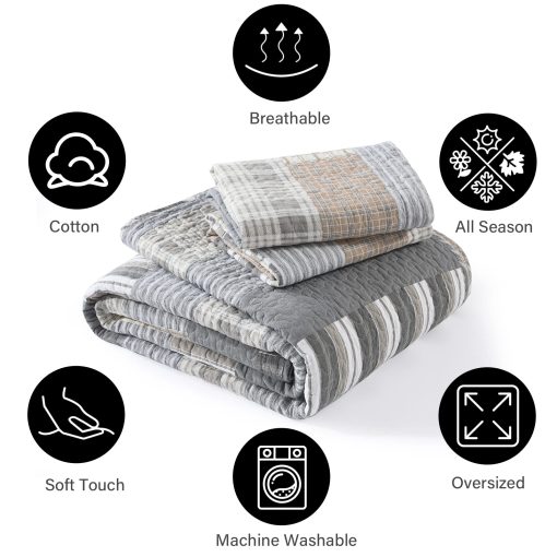 Conjunto de Edredon PANGUSHAN Tamaño King, Juego de Ropa de Cama de Edredon 100% de Algodon, Colchas Acolchadas, Patchwork Cuadros Granjas Reversible, Colcha de Cama Ligera para Cama King, Gris/Marron, 3 Piezas - Imagen 5