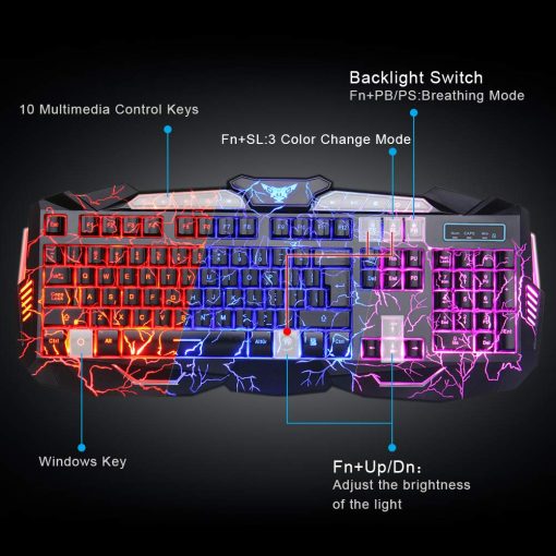 Combo de Teclado y Mouse para Juegos con Retroiluminacion BlueFinger, Teclado y Mouse Retroiluminados con Cable USB, Teclado Multimedia con 3 Colores de LED, Mouse para Juegos y Trabajo - Imagen 4