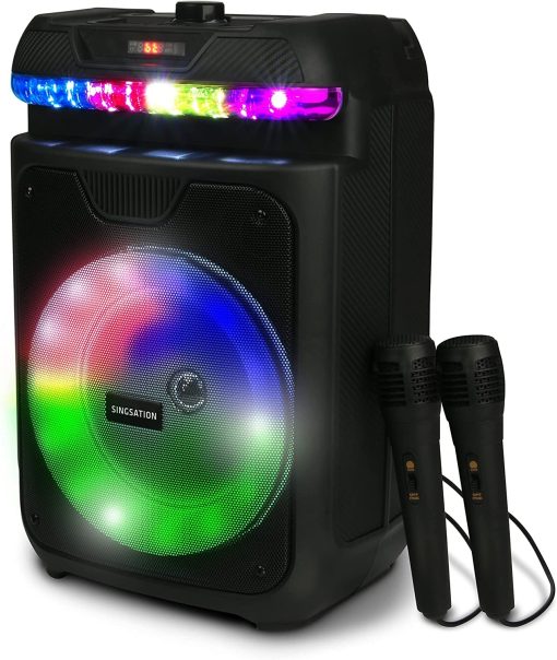 Maquina de Karaoke Portatil Singsation, Dos Microfonos, Bluetooth 5.0, Altavoz de 8 pulgadas, Control Remoto y Luces LED, Recargable, Lector de Archivos de Musica USB y Micro SD, AUX y FM para Fiestas