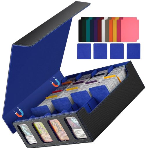 Caja de Mazo MTG, Estuche magnetico de almacenamiento de cartas de intercambio que contiene mas de 3000 cartas sin funda con 20 separadores coloridos y 4 soportes para cartas, caja de mazo de 4 filas para cartas de juego magico (azul y negro)