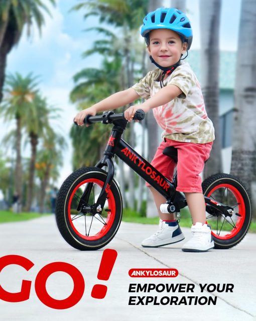 Bicicleta de Equilibrio ANKYLOSAUR 12" para Ninos de 2.5 a 5 Anos, Elegante Negro, Cuadro de Aluminio Ultraligero de 7.2lb, Neumaticos Inflables Antideslizantes y Absorbentes de Impacto, Asiento Ajustable - Perfecto para Ninos Aventureros - Imagen 7