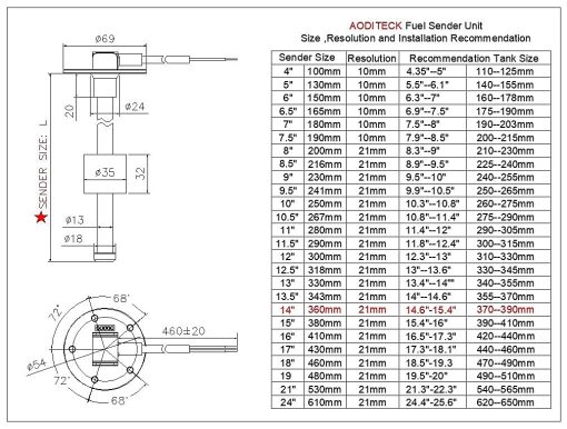 AODITECK 240-33 ohms 14"(360mm) Unidad de Envio de Combustible Marino para Barco Camion Coche Vehiculo Unidad de Envio de Combustible Unidad de Nivel de Combustible Indicador de Combustible Unidad de Envio de Agua Sensor de Nivel de Agua - Imagen 4