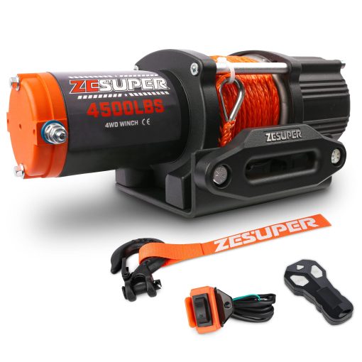 Malacate ZESUPER 4500 lb Impermeable IP67 con Control Remoto Inalambrico Cuerda de Malacate Sintetica Cabestrante Hawse Control Remoto Portatil de Malacate de ATV UTV 12V