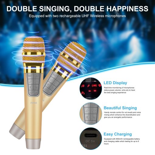 RHM K666 Maquina de Karaoke con Sonido Poderoso y Claro, 2 Microfonos Inalambricos, Bateria Recargable, 8 Horas de Reproduccion, Compatible con Bluetooth/AUX/USB/PC para Casa, Fiesta, Boda, Picnic, Actividades al Aire Libre - Imagen 5