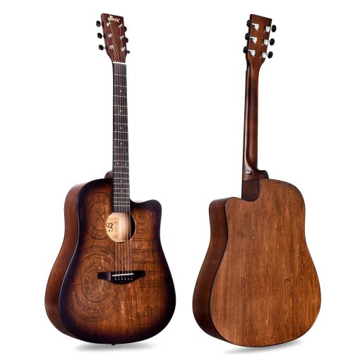 WINZZ Serie HAND RUBBED - Guitarra Acustica de Tamano Completo con Corte y Tallado para Principiantes Adultos, Kit de Inicio Completo, 41 Pulgadas Diestro, Sunburst Marron - Imagen 4