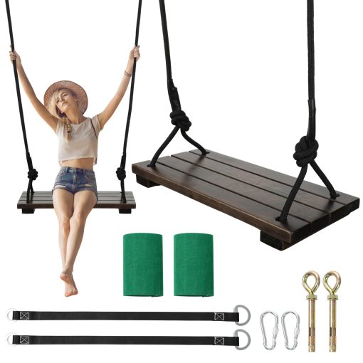 Columpio de arbol de Madera, Capacidad de Carga de 500 lbs Columpio de Madera para Adultos y Ninos, Altura Ajustable, Asiento de Columpio Colgante Impermeable para Interior, Exterior, Patio Trasero, Jardin, Parque Infantil (Columpio Recto Chocolate)