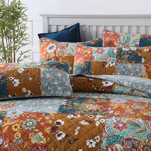Juego de Colchas de Algodon Camandy 3 Piezas Reversible de Lujo con Estampado Paisley Floral Marron, Tamaño King - Imagen 2