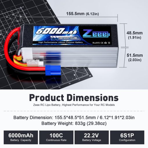 Bateria Lipo Zeee 6S 6000mAh 22.2V 100C con Conector EC5 Paquete Suave Bateria RC para Coche RC Camion Avion Helicoptero Quadcopter Barco (2 Paquetes) - Imagen 2