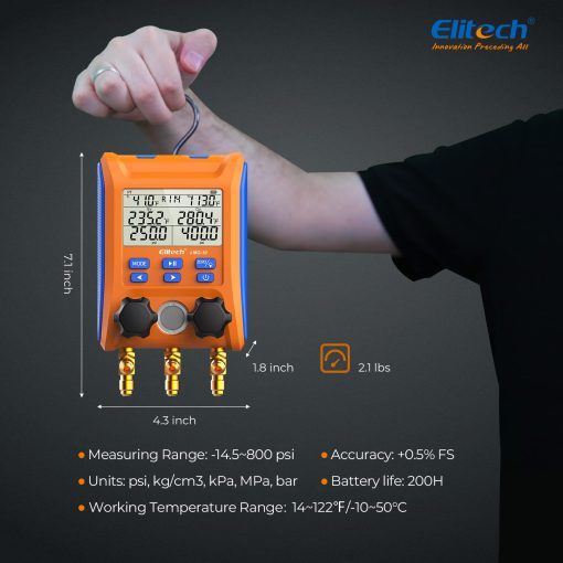 Manifold Digital Elitech con Valvula de 2 Vias y Pinzas Termometro para Sistemas HVAC, LMG-10 - Imagen 7
