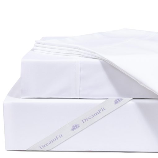 Juego de sabanas DreamFit DreamChill Cooling de bambu viscosa para durmientes calurosos con correas elasticas en las esquinas, bolsillo extra profundo de 20 pulgadas, transpirable y suave sedoso, 100% fabricado en EE. UU., juego de sabanas Twin blanco