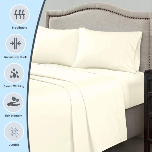 Juego de sabanas de cama de algodon de lujo Pizuna 100% tamano completo marfil, 1000 hilos de algodon peinado sabana sateen gruesa y juego de funda de almohada, sabanas profundas encajan 15" (juego de sabanas de cama de algodon peinado - 4PC) - Imagen 2