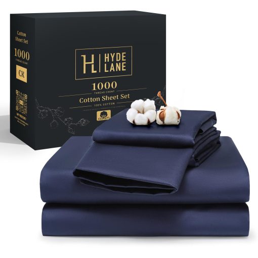 Hyde Lane Juego de Sabanas de Lujo de 1000 Hilos 100% Algodon para Cama Queen | Sabanas de Saten Grueso - Para Colchon de hasta 18", 4 Piezas (Azul Marino, Queen)