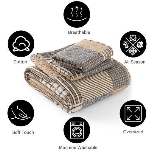 Juego de Edredon PANGUSHAN 100% Algodon Tamaño King, Edredon King, Colcha de Granja a Cuadros Ligera Juego de Ropa de Cama Rustica Cubrecamas Acolchado, Edredon Gris/Marron/Beige para Cama King, 3 Piezas - Imagen 5