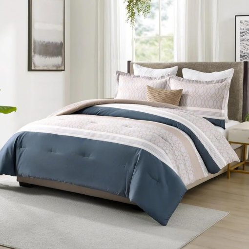 Edredon Queen Size DDUOXIN - Moderno Edredon de Algodon de Fibra Larga para Cama Queen, Suave Edredon de Invierno Azul Marino/Marron, 2 Fundas de Almohada - Imagen 2