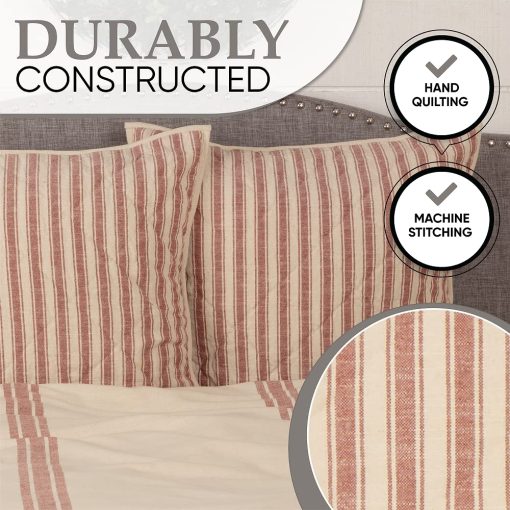 Colcha roja King Quilt de Piper Classics Market Place, Colcha de cama acolchada 100% algodon con rayas rojas, Edredon de cama Hand Quilted Grain Sack Bedding para decoracion bohemia, shabby chic y rustica de casa de campo (95?x105?) - Imagen 4