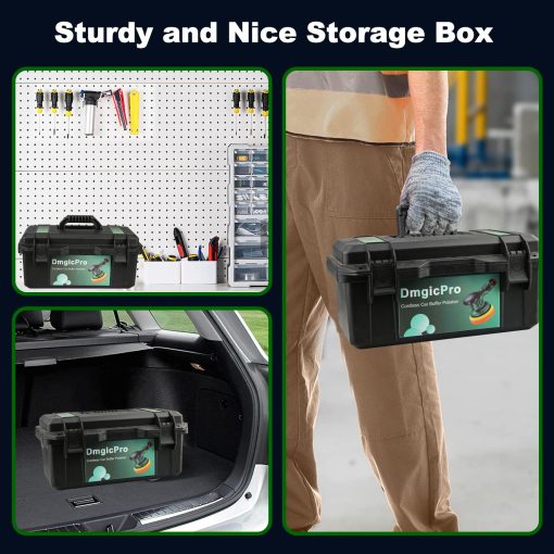Pulidora de Coche Inalambrica, Kit de Pulido de Coche Portatil con 2 Baterias Recargables de 2600mAh, 20 Accesorios Extras con Caja de Herramientas Impermeable, 6 Velocidades Variables para Detallado de Coches - Imagen 6
