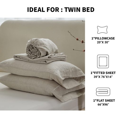 Juego de sabanas de lino Simple&Opulence con dobladillo de encaje - 3 Piezas, 100% Lino Europeo Puro Lavado, Sabanas de Cama (1 Sabana Plana, 1 Sabana Ajustable, 1 Funda de Almohada) - Transpirables y Suaves (Lino con Encaje, Twin) - Imagen 5