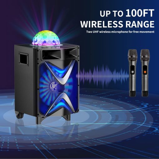 Maquina de Karaoke VeGue para Adultos y Ninos, Altavoz Bluetooth Sistema PA con 2 Microfonos Inalambricos, Subwoofer de 10'', Luz de Bola LED de Discoteca, Maquina de Canto para Karaoke en Casa, Fiesta, Iglesia (VS-1088) - Imagen 7