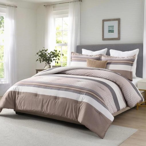 Edredon de Tamano Queen DDUOXIN - Moderno Rayas de Algodon de Fibra Larga en Tamano Queen, Juego de Edredon Suave Marron de Invierno para Cama, 2 Fundas de Almohada - Imagen 2