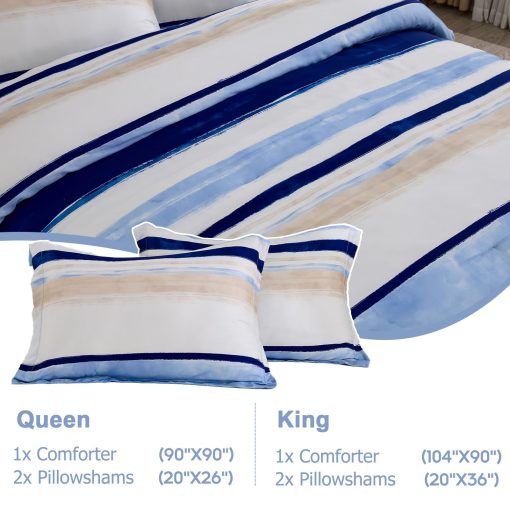 Juego de ropa de cama de lujo Finlonte King - Edredon Queen de Lyocell algodon, edredon acolchado a rayas acuarela, edredon azul moderno para todas las estaciones, 3 piezas, 104"x90" - Imagen 6