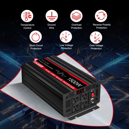 Inversor de Onda Sinusoidal Pura JIGUUN de 1500 vatios CC 12V a CA 120V, Convertidor de Coche con 4 Tomas de CA y Salida USB, Control Remoto del Inversor de Potencia para Acampar al Aire Libre RV - Imagen 7