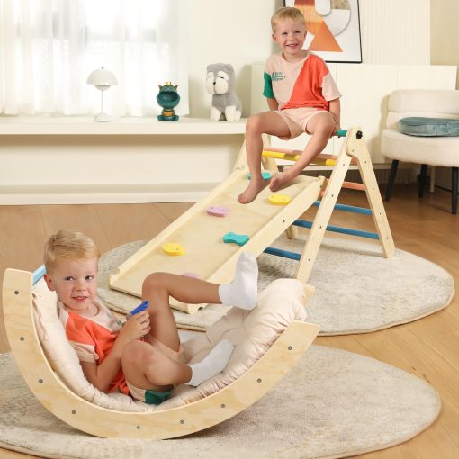 Set de Triangulo Pikler con Cojin, 7 en 1 Juguetes de Escalada para Ninos Pequenos en Interiores, Set de Escalada Montessori Plegable, Juguetes de Escalada de Madera para Ninos Pequenos de 1-3 Anos con Rampa, Arco y Escalera (Arcoiris) - Imagen 9