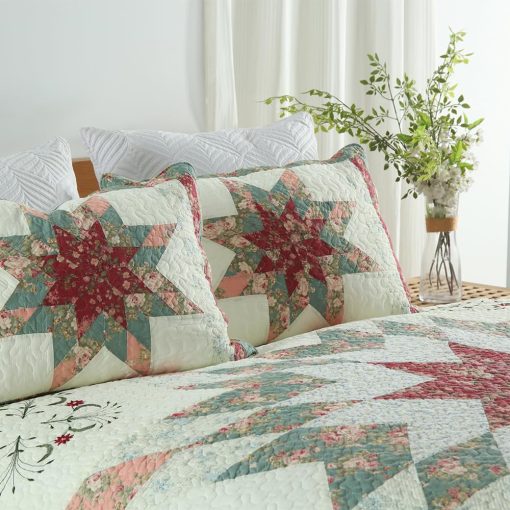 Juego de Colchas de Algodon Camandy, 3 Piezas de Edredones Reversibles con Estampado Estrella y Floral Rojo Real, Tamano Queen - Imagen 3