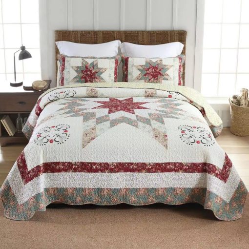 Juego de Colchas de Algodon Camandy, 3 Piezas de Edredones Reversibles con Estampado Estrella y Floral Rojo Real, Tamano Queen