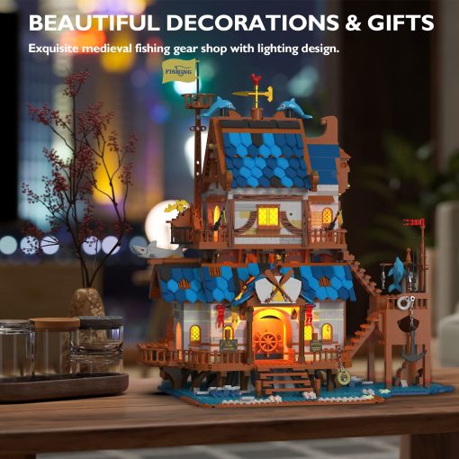 JMBricklayer Juego de construccion de tienda medieval de pesca para adultos, kit de iluminacion LED Juguetes de casa de castillo creativos de la tienda de pesca Juguetes de modelo, Coleccionables o Exhibicion en el hogar, Ideas de regalos para ninos ninas 41107 - Imagen 2