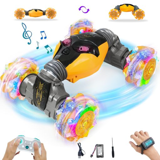 AGNEVE Coches RC Control Remoto por Gestos con Luz Musica 1:12 Coche Rc Controlado a Mano 2.4GHz 4WD Coche de Acrobacias Rc por Gestos Doble Cara Rotacion de 360? Vehiculo Todo Terreno para Ninos Ninas (Amarillo, Profesional)