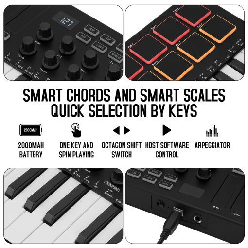 Controlador de teclado MIDI USB de 25 teclas M-Wave con 8 pads de bateria retroiluminados, Bluetooth Semi Ponderado teclado profesional dinamico de 8 perillas y produccion musical, software incluido (clasico) K5 - Imagen 5