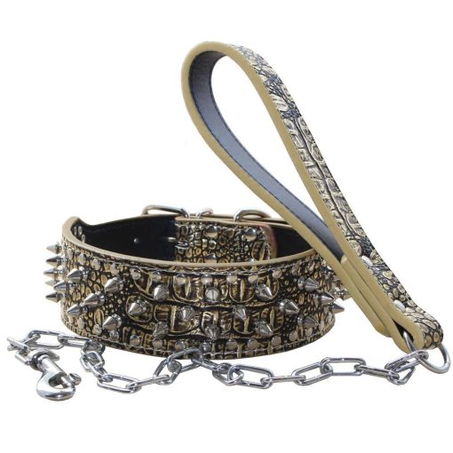 Collar de Perro con Tachuelas Punk Spiked Rivet con Hebilla de Acero Inoxidable Cadena de Cuero Suave Combo Set Pesado Apto para Pitbull, Bulldog, Doberman (Dorado Marron, XL)