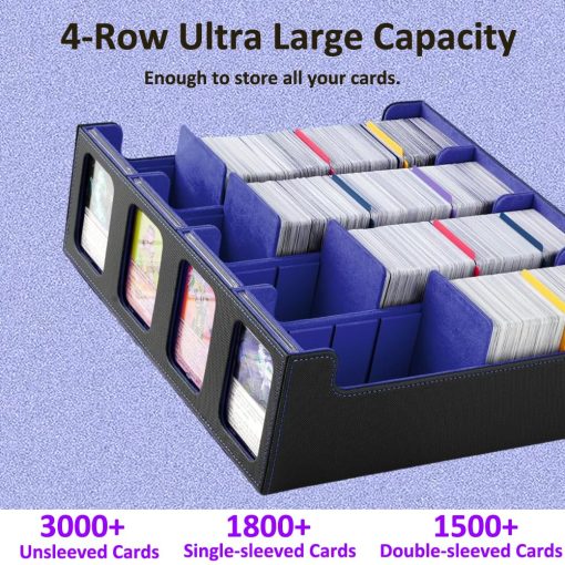 Caja de Mazo MTG, Estuche magnetico de almacenamiento de cartas de intercambio que contiene mas de 3000 cartas sin funda con 20 separadores coloridos y 4 soportes para cartas, caja de mazo de 4 filas para cartas de juego magico (azul y negro) - Imagen 2