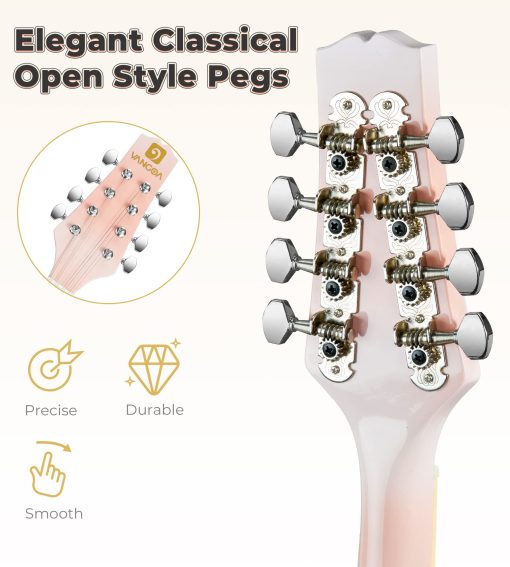 Mandolina Vangoa A Style Instrumento Musical Mandolina para Principiantes Ninos Adultos, Mandolina Acustica de 8 Cuerdas Kit Inicial de Caoba, Rosa - Imagen 4