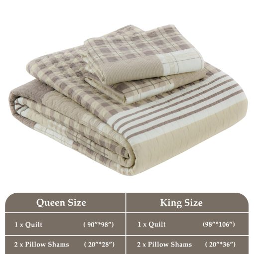 Juego de Edredon CozyStitch King - 100% Algodon Cuadros Geometricos Juego de Ropa de Cama con 3 Piezas en Marron Beige Blanco - Imagen 7