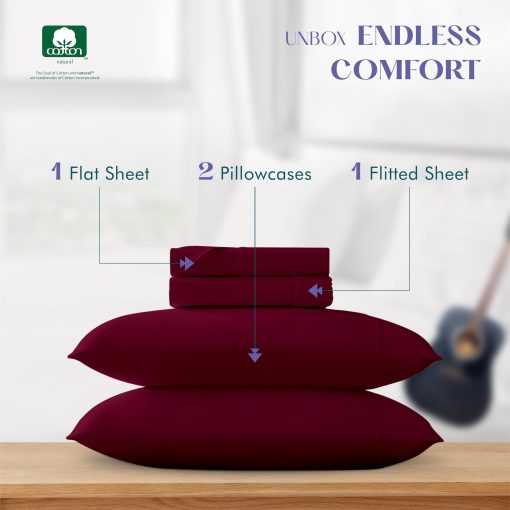 Juego de sabanas de algodon egipcio 100% de XOOX Linen para cama Queen - Set de 4 piezas de sabanas Queen de 1500 hilos de algodon egipcio, tejido de saten sabanas de lujo Queen, sabanas de alto hilo, 19" bolsillo profundo - Borgona - Imagen 3