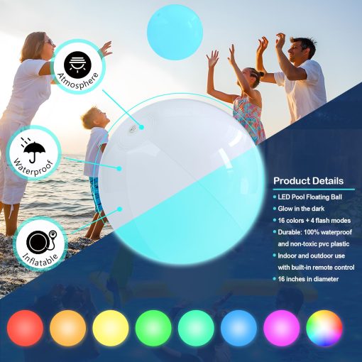 Pelota de playa AEROQUEST Light up - 16" LED Pelota Inflable Grande con 16 colores de luces y 4 modos con control remoto, Juegos de fiesta al aire libre en la piscina (6 piezas) - Imagen 2