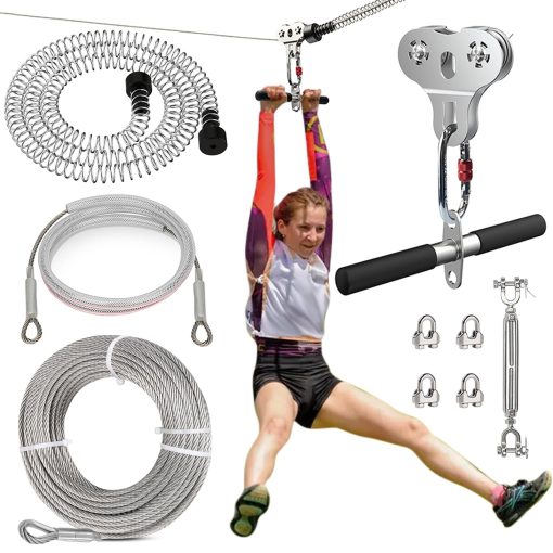 Fologtoo Cables Zip para Ninos y Adultos al Aire Libre Hasta 500 Lbs, Kits de Tirolesa de Acero Inoxidable 304 de 30M para Patio Trasero con Cuerda de Alambre Grueso de 1/4", Polea Removible, Equipo de Juegos al Aire Libre