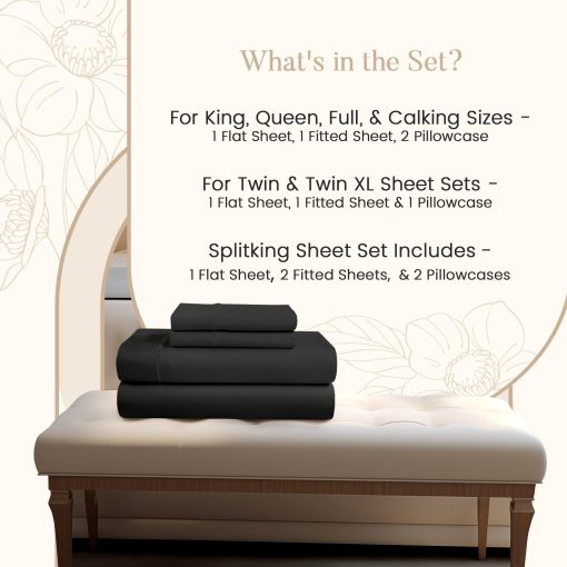 Juego de Sabanas 100% Algodon Egipcio Tamaño Split King, 800 Hilos, Set de 4 Piezas, Sabanas de Cama, Sabanas de Algodon, Bolsillo Profundo de 16" (Para Colchones de Hasta 18") - Negro - Imagen 6