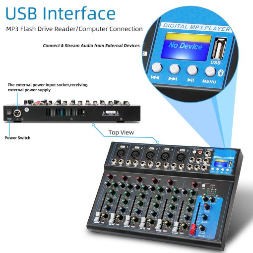 Mezclador de audio portatil Depusheng HT7 Bluetooth con consola de mezcla de sonido DJ USB MP3 Jack 48V Power para grabacion de computadora, 7 canales de mezcla de bandas para grabacion de estudio - Imagen 2
