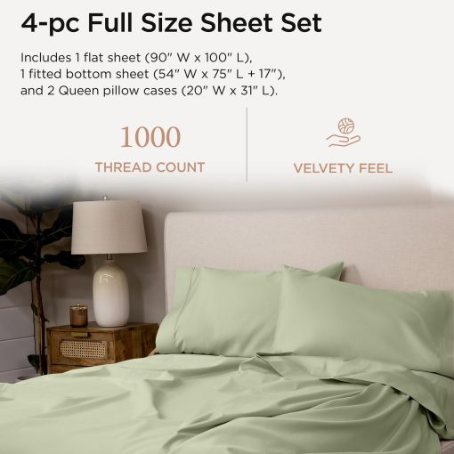 Juego de sabanas de lujo Threadmill de algodon Supima, Juego de sabanas de algodon suave de 1000 hilos para cama tamaño Full, 4 piezas Juego de sabanas Full en verde salvia, Juego de sabanas con bolsillo profundo de calidad de hotel de 5 estrellas - Imagen 2