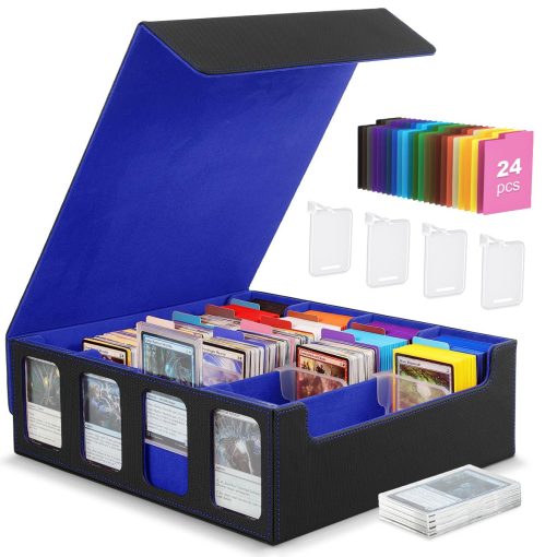 Caja de Almacenamiento de Cartas MoKo para Trading Cards, 3000+ MTG Deck Box con 24 Separadores Coloridos & 4 Soportes de Cartas, Estuche de Baraja Commander con Ventana de Exhibicion, Compatible con Cartas de Juego Magic, YugiOh, Negro Azul